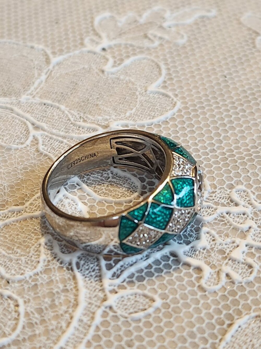 Hidalgo Diamonique Oval Cut CZ Green Enamel Ring 925 Size 9 - geometric pattern! - Picture 5 of 14